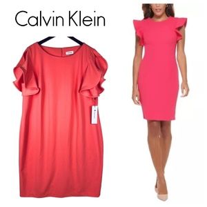 New Calvin Klein 20W 2X Shift Dress Coral Pink Ruffle Sleeve Wedding Party CHIC